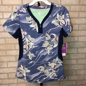 Healing Hands Purple Label Yoga Zip V-Neck blue butterfly pattern scrub top